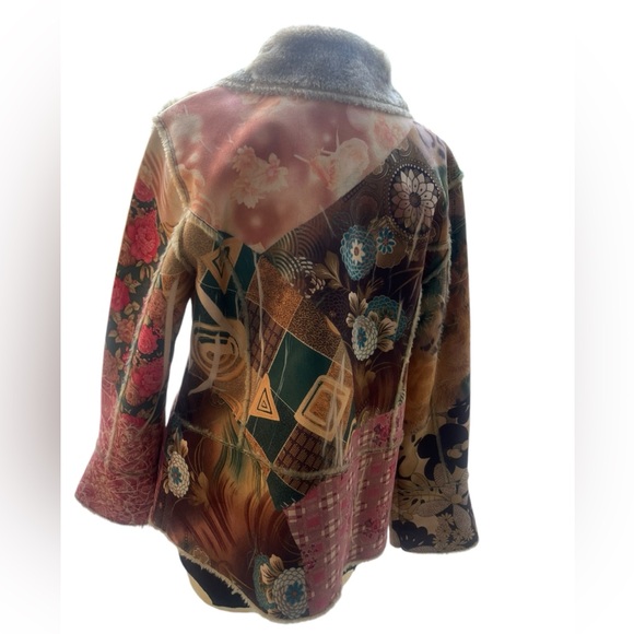 Lapis Penny Lane Coat Artsy Patchwork Print Faux Suede Lined Boho Hippie Retro M - Picture 8 of 10